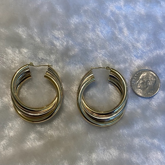 ☘️925 1/15 14K AU Gold & Silver Triple Hoop Earrings - Picture 3 of 4